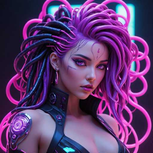 The image depicts a woman with long purple hair styled in an intricate and futuristic manner. She is wearing a black outfit that includes a helmet on her head. The background features neon pink lines, creating a striking contrast against the dark tones of the woman's hair and outfit.