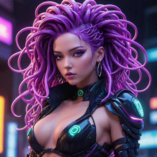 The image shows a close-up portrait of a woman with long purple hair styled in an intricate updo and wearing a black leather outfit that includes a helmet with neon lights on it. The background is dark and filled with neon lights, creating a futuristic atmosphere.