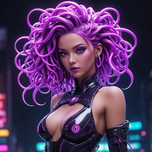 The image depicts a woman with long purple hair styled in an intricate updo and wearing a black outfit that includes a corset and gloves. The background is dark and features neon lights, suggesting the setting could be a city or nightlife venue.