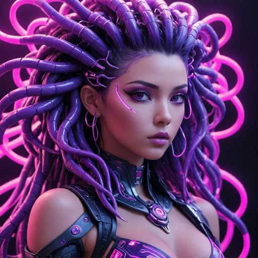 The image shows a close-up portrait of a woman with long purple hair styled in an intricate and elaborate manner. She is wearing a futuristic outfit that includes a metallic bodysuit adorned with neon lights. The background features a gradient of pink and purple hues, creating a visually striking contrast against the woman's dark hair.
