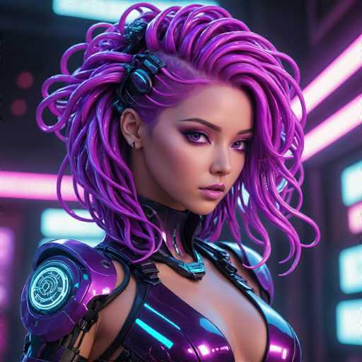 The image shows a close-up portrait of a woman with long purple hair styled in an intricate updo and wearing a futuristic outfit that includes a helmet and armor. The background is dark and features neon lights, creating a futuristic atmosphere.
