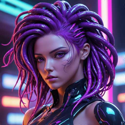 The image shows a close-up portrait of a woman with long purple hair styled in an intricate updo and wearing a futuristic black outfit that includes a helmet. The background is dark and features neon lights, creating a futuristic atmosphere.