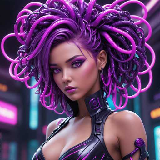 The image shows a close-up portrait of a woman with long purple hair styled into an intricate braided updo. She is wearing a black outfit that includes a top hat and a necklace. The background features neon lights and a cityscape, suggesting the photo was taken in an urban setting.