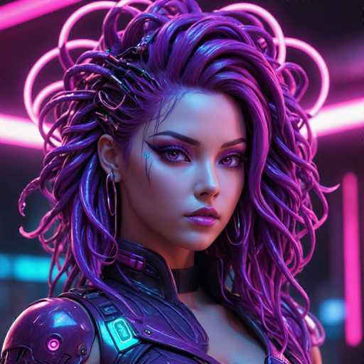 The image shows a close-up portrait of a woman with long purple hair styled in an intricate updo and wearing a futuristic outfit that includes a helmet and goggles. The background is dark and features neon pink lines, creating a futuristic atmosphere.