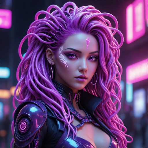 The image depicts a woman with long purple hair wearing a futuristic outfit that includes a helmet and armor. The background is a cityscape at night, illuminated by neon lights.