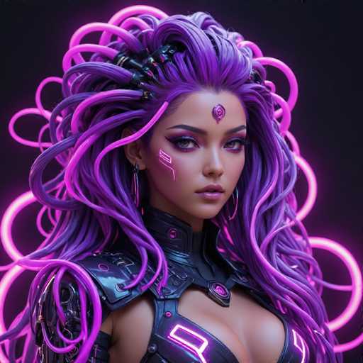 The image depicts a woman with long purple hair styled in an intricate updo and wearing a futuristic outfit that includes a helmet adorned with neon lights. The background is black, which contrasts with the vibrant colors of her hair and outfit, making them stand out prominently.