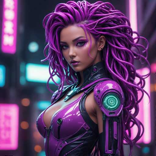 The image shows a woman with long purple hair wearing a futuristic purple and black outfit that includes a helmet with a green light on the front. The background is dark and features neon lights from various buildings in shades of pink and blue.