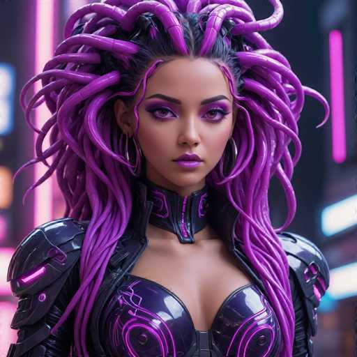 The image shows a close-up portrait of a woman with long purple hair styled in an intricate updo and wearing a futuristic armor suit that is predominantly black with neon pink accents. The background features a cityscape with neon lights, creating a futuristic and urban atmosphere.