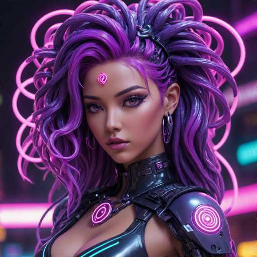 The image shows a close-up portrait of a woman with long purple hair styled in an intricate updo and wearing a futuristic black outfit that includes a helmet adorned with neon lights. The background is a dark purple color, which contrasts with the bright pink neon lights scattered throughout the scene.