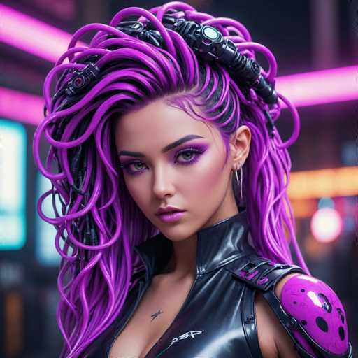 The image shows a close-up portrait of a woman with long purple hair styled in an intricate and elaborate manner. She is wearing a black leather vest over her outfit, which adds to the overall edgy aesthetic of the photo. The background features neon lights that create a vibrant and futuristic atmosphere.