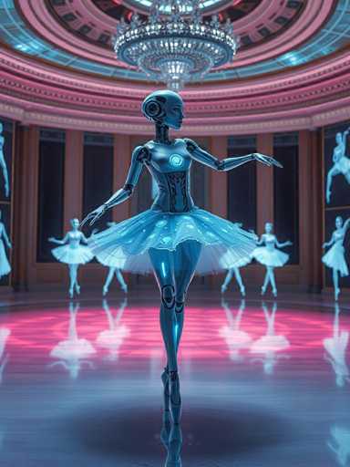The image depicts a ballet performance featuring a group of dancers dressed in blue costumes and silver shoes. The dancers are positioned on a stage with pink and purple lighting, creating an ethereal atmosphere. One dancer is captured mid-leap, while the others appear to be frozen in time or poised for action.