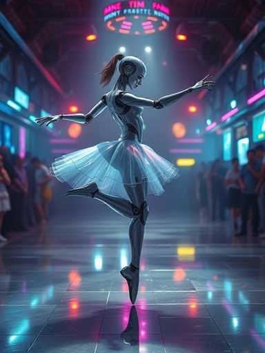 A woman is dancing on a stage with blue and pink lights illuminating the scene. She is wearing a silver ballerina costume that includes a tutu and ballet slippers. The background shows a crowd of people watching her performance.