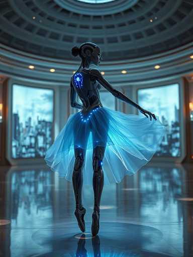 A woman is captured mid-dance pose on a blue stage with her arms outstretched and legs apart, wearing a blue tutu that flows behind her as she moves across the stage. The background features large windows overlooking an urban cityscape, creating a contrast between the dancer's ethereal form and the bustling city beyond.