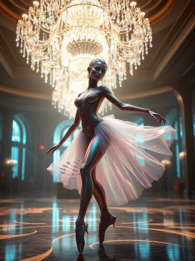 A woman is captured mid-dance pose on a stage with a large chandelier hanging above her. She's wearing a pink tutu and ballet slippers, and the background features an ornate room with blue walls and gold accents.