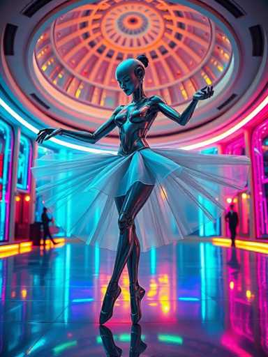 The image depicts a futuristic ballerina performing on stage under a large dome-shaped ceiling with colorful lights. The ballerina is wearing a white tutu and ballet slippers, and she is executing a graceful turn to the left while holding her arms out to the sides in a classic ballet pose.