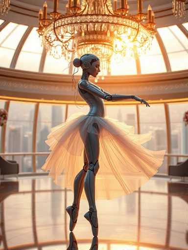 A 3D rendering of a ballerina dressed in a white tutu and silver metallic boots is captured mid-performance on the left side of the image. The background features an ornate chandelier and a large window with a view of city buildings, creating a sense of depth and grandeur to the scene.