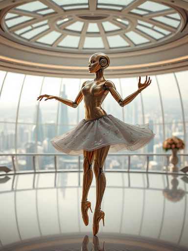 A gold statue of a ballerina is captured mid-dance pose on a wooden floor with a circular window and white walls behind her.