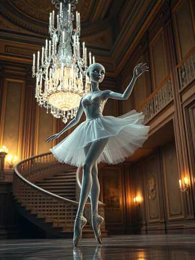 A 3D rendering of a ballerina dressed in a white tutu and ballet slippers is captured mid-performance on the right side of the image. The ballerina's arms are raised above her head as she executes a graceful turn to the left. The setting appears to be an indoor space with ornate decorations, including a large chandelier hanging from the ceiling in the background.