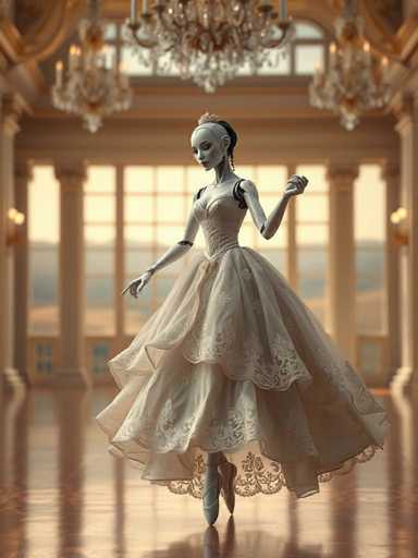 A doll is captured mid-dance in a ballroom with a chandelier hanging from the ceiling and a large window on one side of the room. The doll's dress is white with lace detailing and she is wearing a tiara.