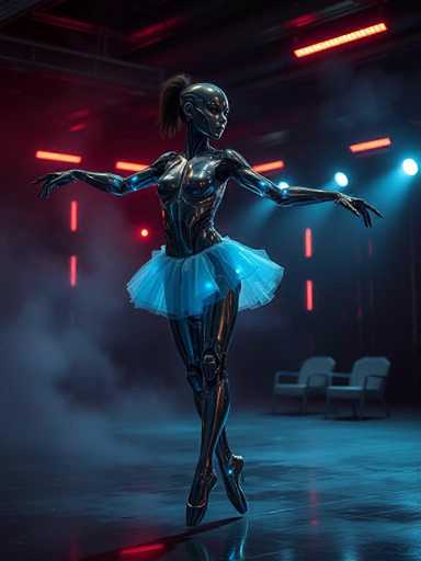 A woman dressed as a robot is performing on stage with her arms extended and legs apart, wearing a blue tutu and black boots.