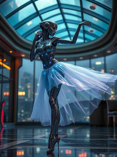 A woman dressed as a robot stands on a black marble floor with her arms outstretched and legs apart, wearing a blue dress that flows behind her. The background features a large window overlooking the city skyline at night, creating an urban atmosphere.