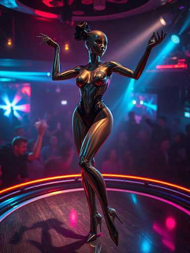 A metallic robot figure is performing on a stage with red and blue lights illuminating the scene. The robot figure has a black outfit that contrasts with its silver body. A crowd of people can be seen in the background, watching the performance.