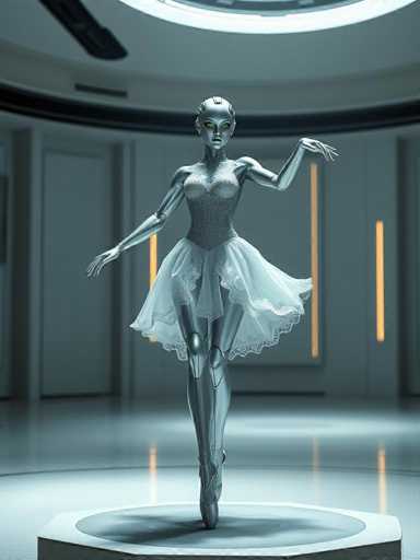 The image shows a silver robot with a white tutu and ballet slippers standing on a round platform against a beige wall. The robot is positioned facing the camera, with its arms extended out to the sides as if dancing or performing a routine.