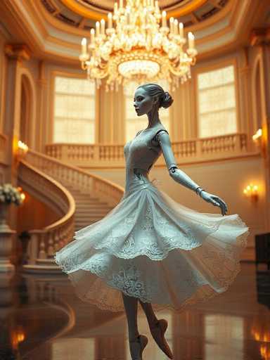 A statue of a ballerina dressed in a white tutu and ballet slippers is captured mid-dance pose on a marble floor within an opulent room with gold chandeliers hanging from the ceiling.