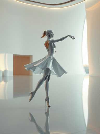 A woman is captured mid-dance pose on a white floor inside an empty room with a large window and a wooden door. She wears a white dress that contrasts with the stark white surroundings. The image does not contain any discernible text or other objects.