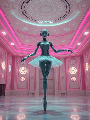 The image depicts a robot ballerina performing on a stage with pink and white walls adorned with circular designs. The ballerina is wearing a tutu and ballet slippers, and she is holding a bow in her right hand while standing on her left foot.