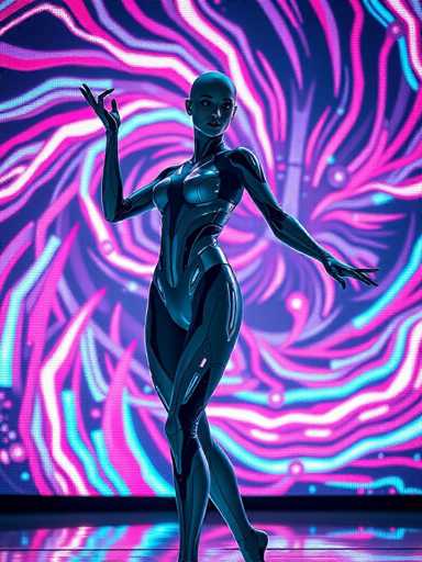 A woman is standing on a stage with her arms outstretched and legs apart, wearing a futuristic outfit that includes a metallic bodysuit with purple and pink accents. The background features a large screen displaying a vibrant display of colors and shapes in shades of blue, pink, green, and purple.