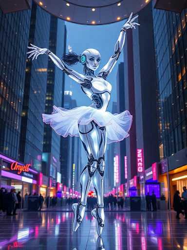 The image depicts a futuristic cityscape at night with a robot figure performing ballet on the street. The robot is wearing a white tutu and is captured mid-air while executing a dance move. The backdrop of the scene includes tall buildings illuminated by colorful lights, creating a vibrant atmosphere.