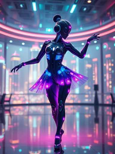 A woman dressed as a robot stands on a stage with purple and blue lights illuminating the scene behind her. She is wearing a black bodysuit that features glowing blue lights on her arms and legs, giving her an ethereal appearance. The background shows a cityscape filled with buildings of various sizes and colors, creating a vibrant and dynamic setting for the woman's performance.
