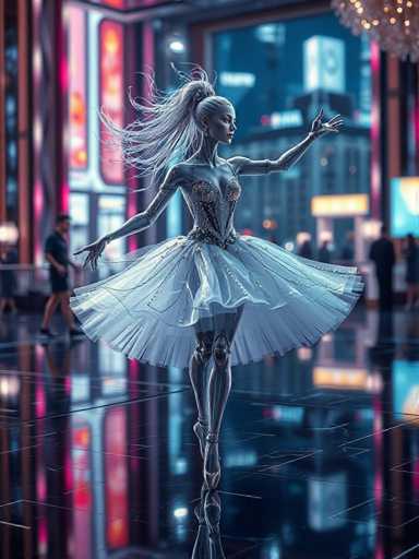 A woman is captured mid-dance on a stage with a city skyline visible behind her. She is wearing a white tutu and ballet slippers, and the stage lights cast an ethereal glow around her as she performs. The backdrop features a cityscape of tall buildings under a night sky, creating a contrast between the urban setting and the graceful movements of the dancer.