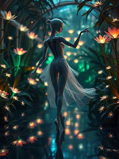 A 3D rendering of a woman with blue hair and a white dress is captured mid-stride on an unseen path through a garden filled with pink flowers. The background features a blend of green foliage and orange lights that create a surreal atmosphere.