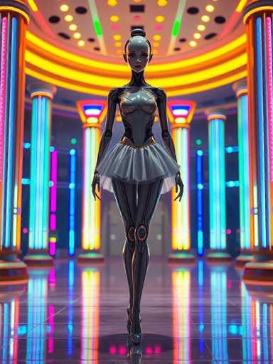 A 3D rendering of a woman dressed in a futuristic costume with metallic silver skin and legs, standing on a polished floor that reflects the surrounding lights. The background features colorful pillars and neon lights, creating an immersive environment reminiscent of a futuristic art installation or video game setting.
