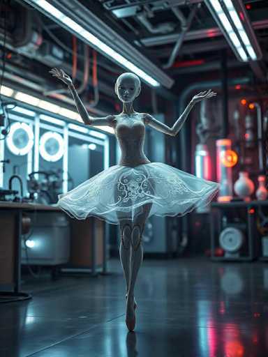 A doll dressed in a white tutu and ballet slippers is captured mid-dance on a wooden floor inside a room with red neon lights illuminating the space. The doll's arms are raised high above her head as she performs an elegant twirl.