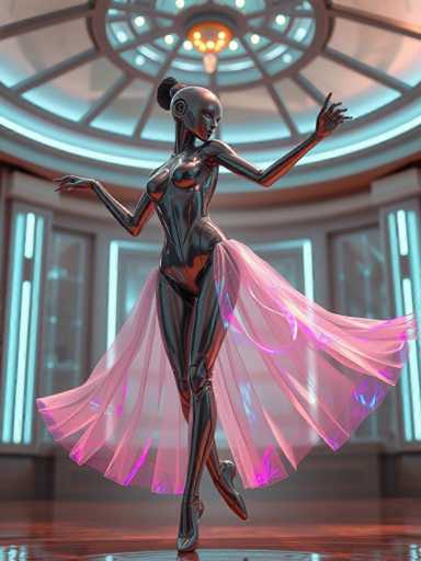 A 3D rendering of a woman dressed in a black metallic bodysuit with a pink skirt and silver heels is shown mid-dance on a stage with a circular ceiling and blue lights.