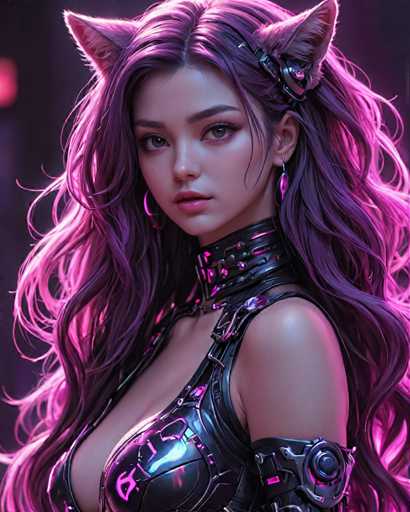 The image shows a close-up portrait of a woman with long hair and dark makeup. She is wearing a black leather outfit that includes a corset and a choker necklace. The background is dark purple, which contrasts with the woman's features and adds depth to the image.