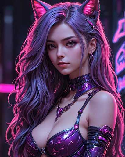 The image shows a close-up portrait of a woman with long, dark hair styled in an updo and wearing a purple choker necklace. The background is a pink neon sign that adds to the overall aesthetic of the scene.