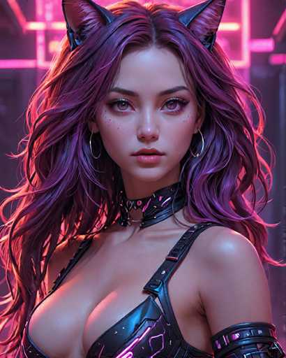 The image depicts a woman with long purple hair wearing a black leather outfit and a choker necklace. She is looking directly at the camera with an intense gaze. The background features neon pink lights that create a futuristic atmosphere.