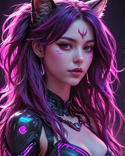 The image shows a close-up portrait of a woman with long purple hair styled in an intricate updo and wearing a futuristic outfit that includes a metallic bodysuit. The background is dark and out of focus, drawing attention to the woman's face and upper body.