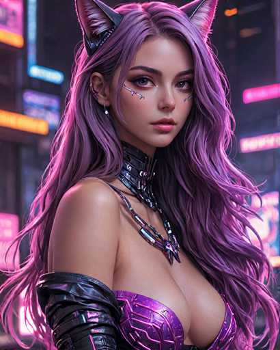 The image shows a close-up portrait of a woman with long, purple hair and a black choker necklace. She is wearing a purple dress that has a metallic sheen to it. The background features neon lights from the city at night, creating an urban atmosphere around her.
