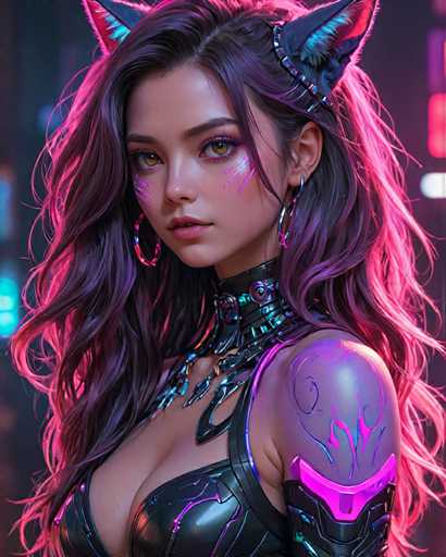 The image shows a close-up portrait of a woman with long hair and dark makeup. She is wearing a black outfit that includes a necklace and earrings. The background features neon lights and a cityscape, suggesting an urban setting or nightlife environment.