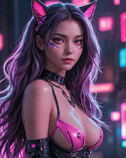 The image depicts a woman with long, dark hair wearing a pink outfit and a black choker necklace. She is standing against the backdrop of a city at night, with neon lights illuminating her surroundings. The colors in the image are predominantly purple and pink, creating a striking contrast that draws attention to the woman's figure.