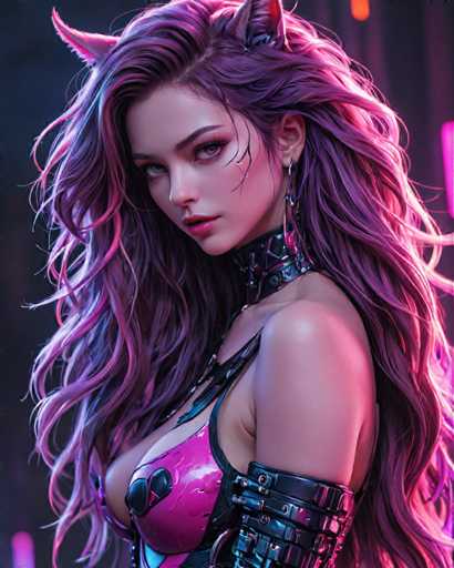 The image depicts a woman with long, dark hair wearing a black leather outfit that includes a corset and a headpiece adorned with horns. The background is a gradient of purple and pink colors, creating an ethereal atmosphere.