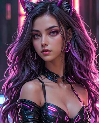 The image shows a close-up portrait of a woman with long, dark hair styled in an updo and wearing a black top that features neon pink accents. The background is a gradient of purple and pink colors, creating a futuristic and edgy atmosphere.