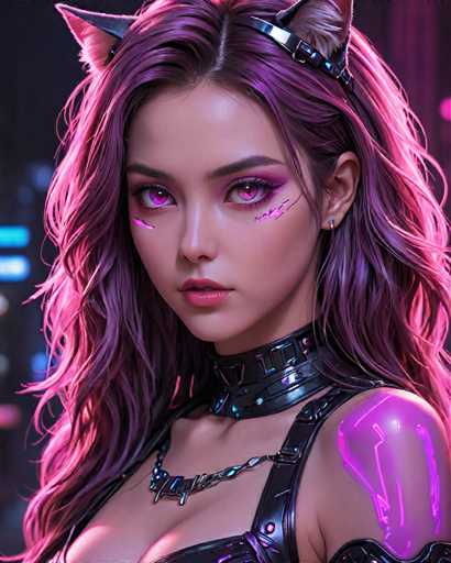 The image shows a close-up portrait of a woman with long hair and purple eyes. She is wearing a black leather choker necklace and has a tattoo on her shoulder. The background features neon lights that create an urban atmosphere.