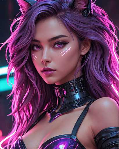 The image shows a close-up portrait of a woman with long purple hair and dark makeup on her face. She is wearing a black leather outfit that includes a corset and a headpiece. The background features neon lights in shades of pink and blue, creating an urban or futuristic atmosphere.
