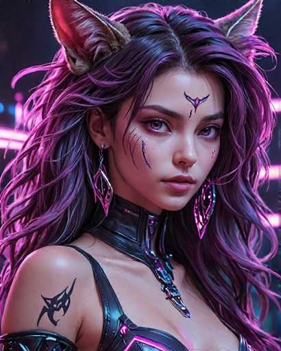 The image depicts a woman with long purple hair and tattoos on her face and neck. She is wearing a black leather outfit that includes a necklace and earrings. The background features neon lights in shades of pink and blue, creating an urban or futuristic setting for the scene.